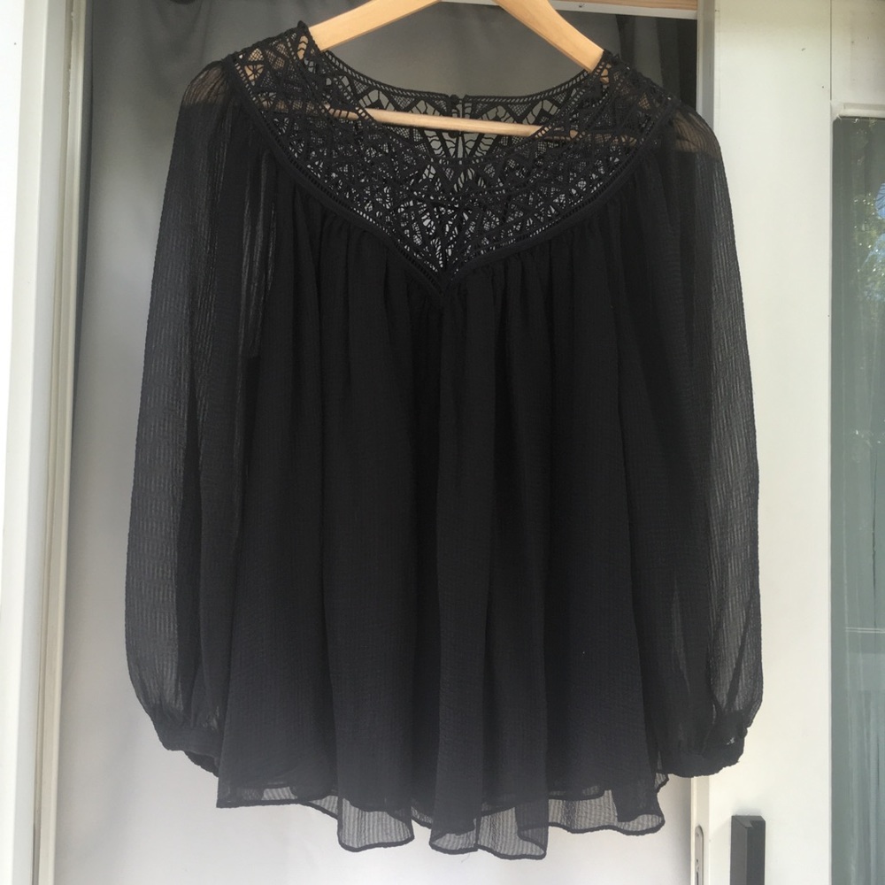 Rebecca Taylor Silk Crochet Neck Peasant Blouse 4